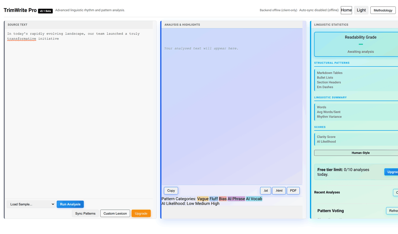 Animated TrimWrite demo showing draft analysis and revision output